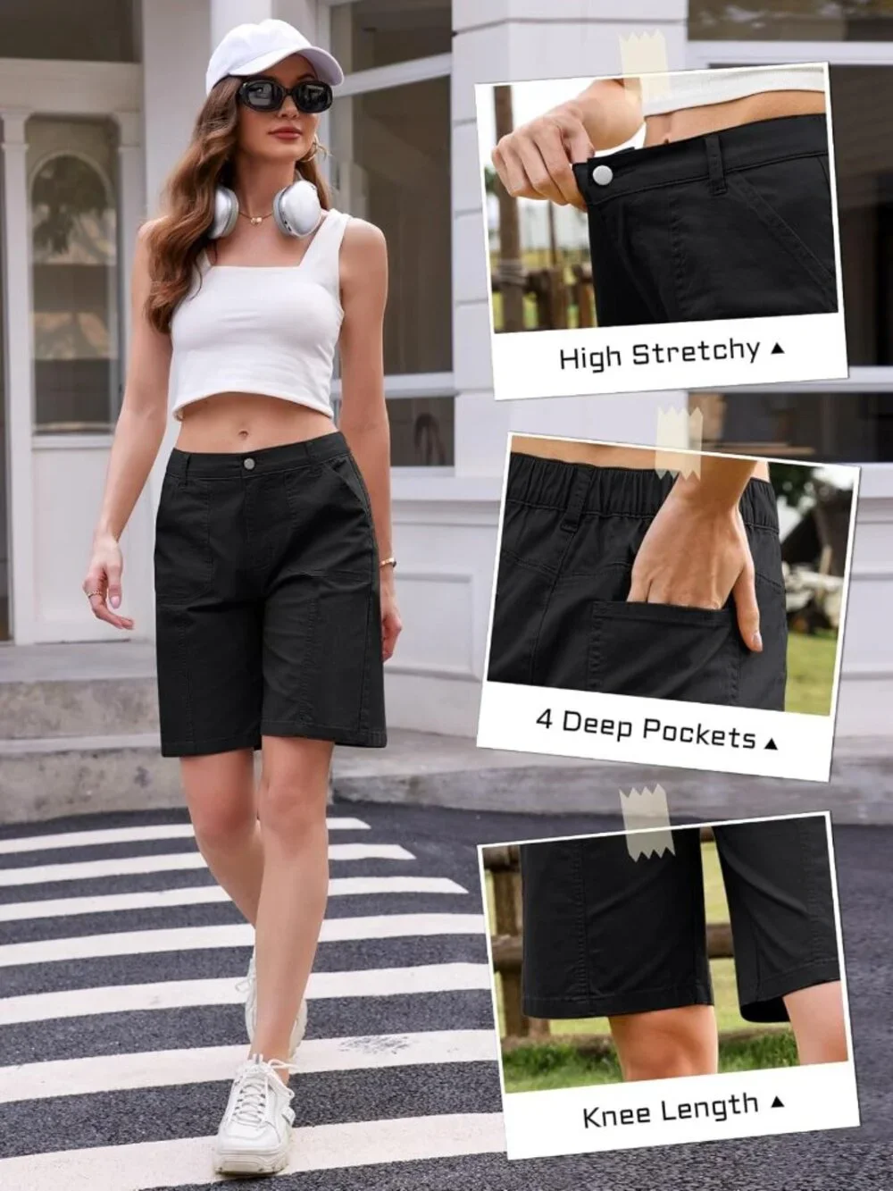 Women’s Long Knee-Length Denim Bermuda Shorts, Stretchy Cotton Jorts with